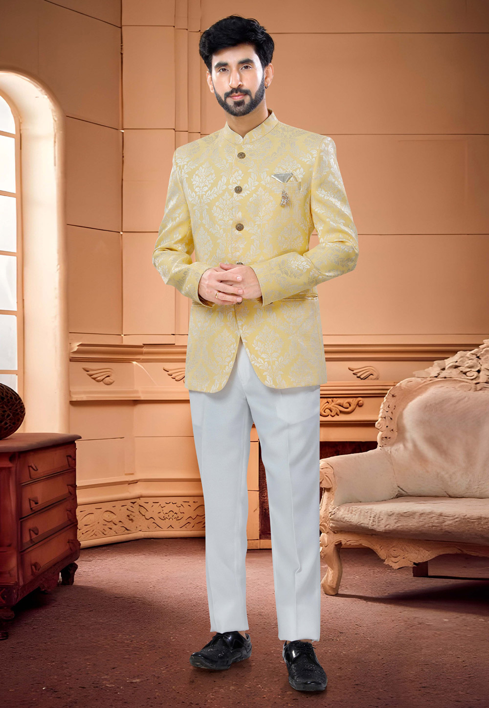 Yellow Jacquard Jodhpuri Suit 254855