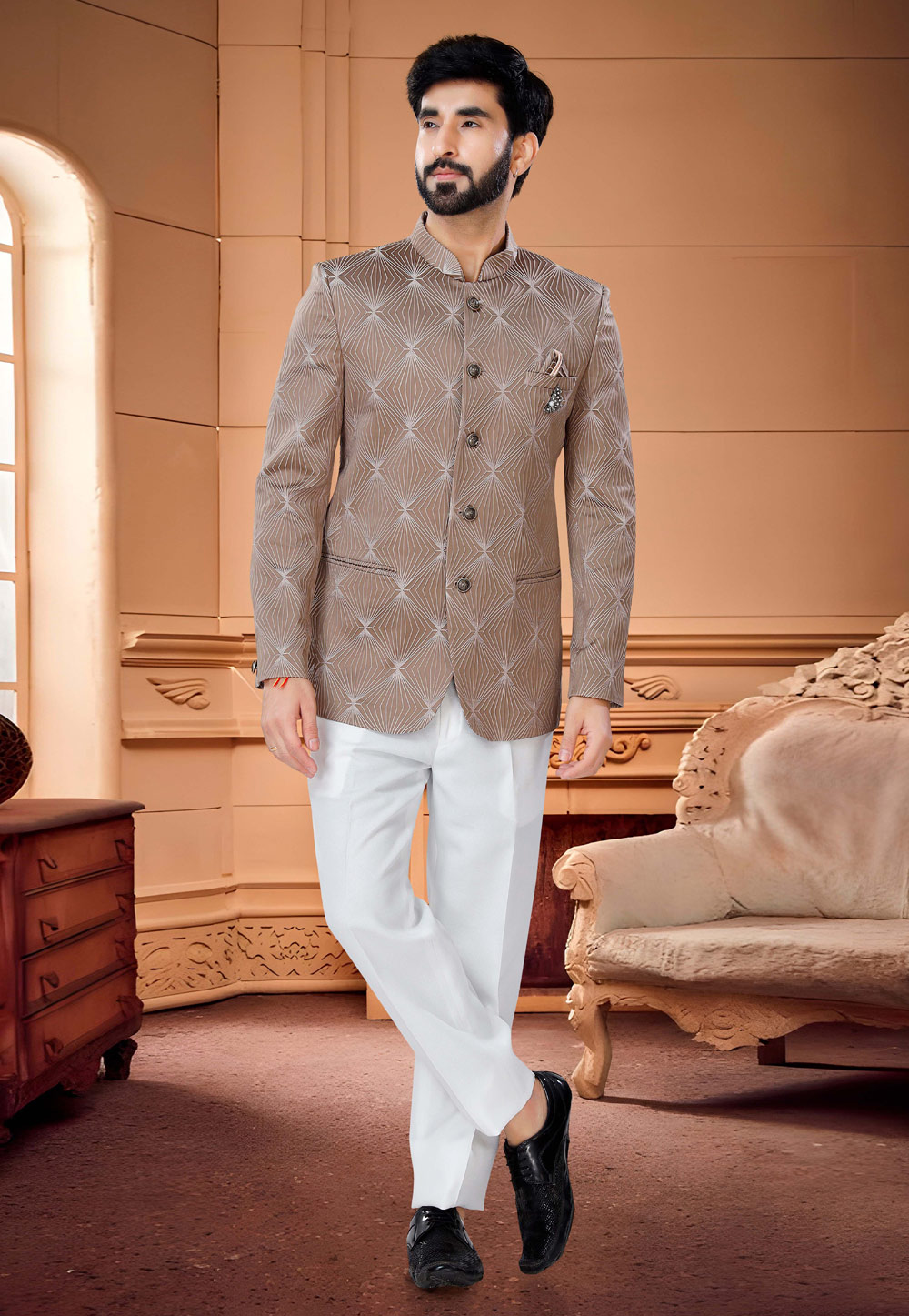 Brown Jacquard Jodhpuri Suit 254858