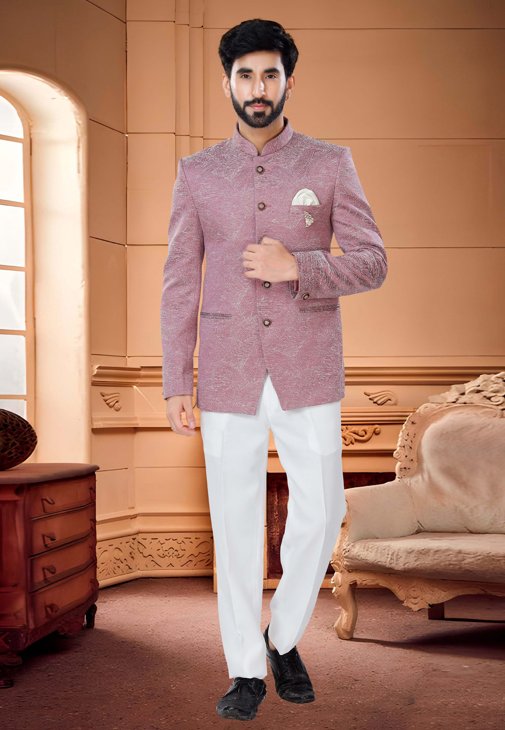 Pink Jacquard Jodhpuri Suit 254859