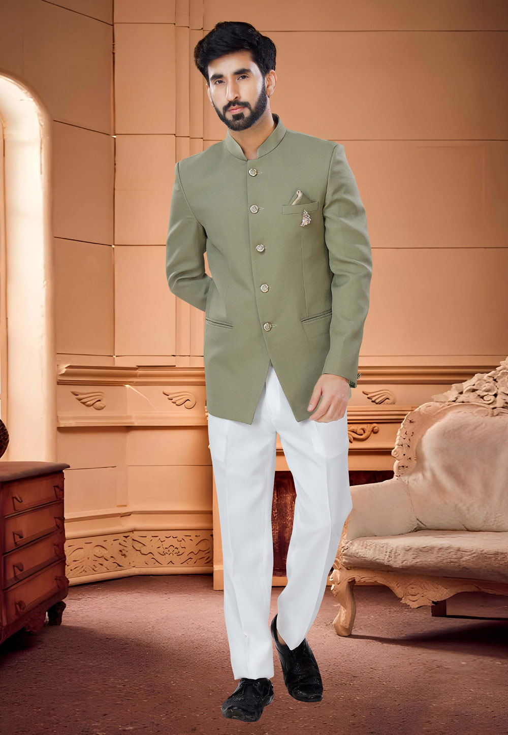 Olive Green Rayon Jodhpuri Suit 254860