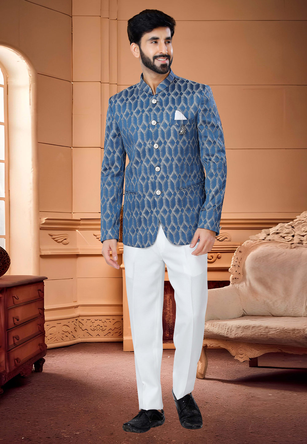 Blue Jacquard Jodhpuri Suit 254861