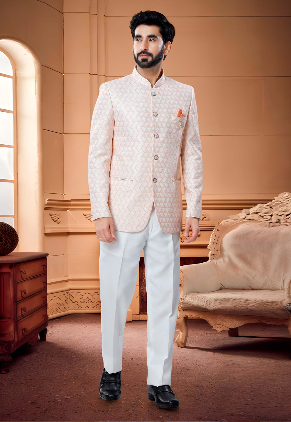 Cream Jacquard Jodhpuri Suit 254862