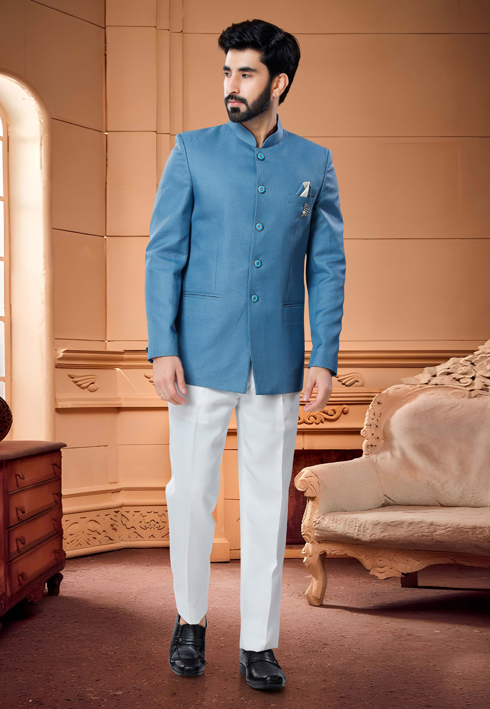 Blue Rayon Jodhpuri Suit 254863