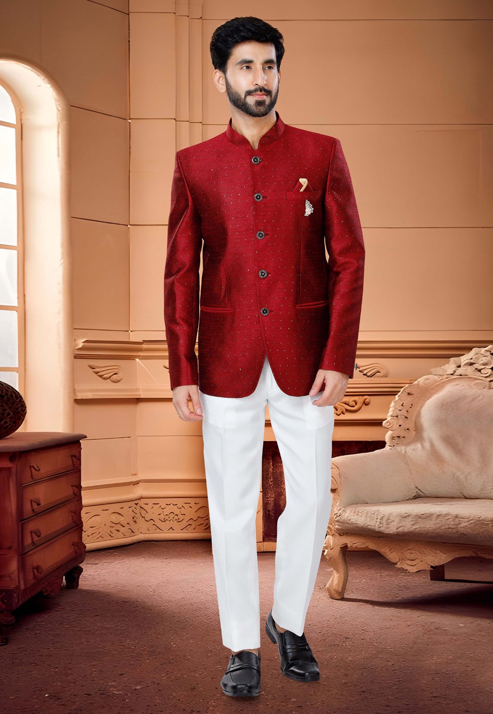 Regular Fit Maroon Color Printed Pattern Designer Jodhpuri Suit