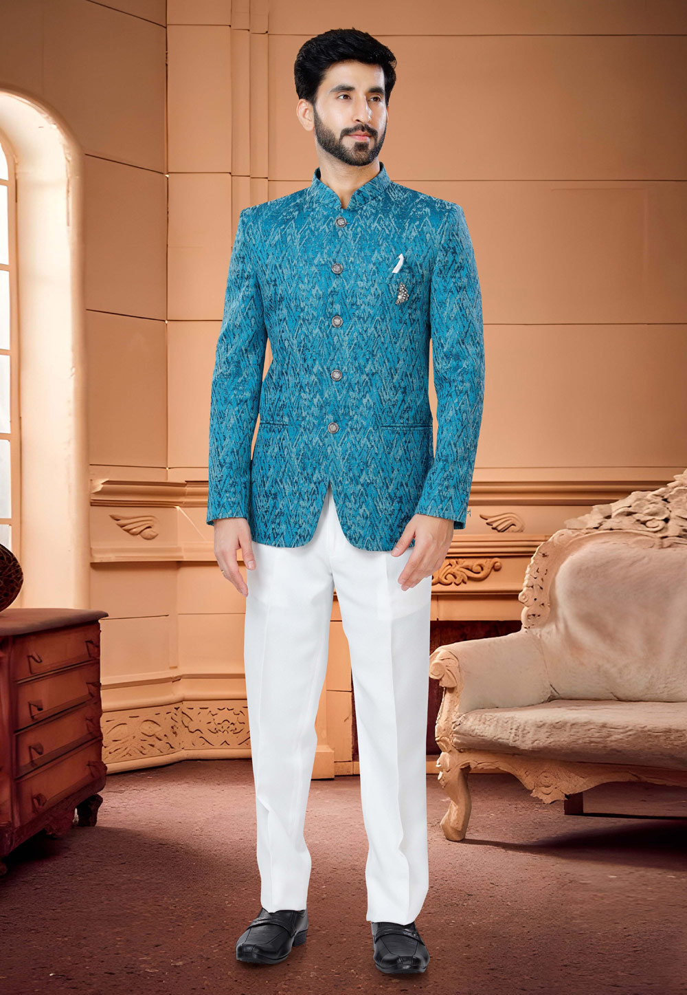 Blue Jacquard Jodhpuri Suit 254870