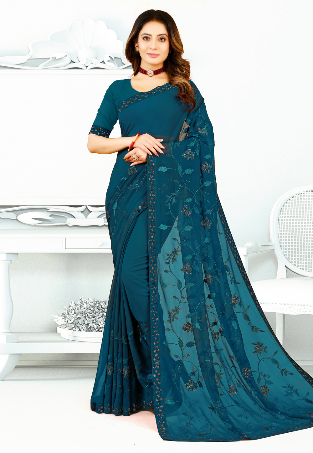 Teal Georgette Saree With Blouse 261421