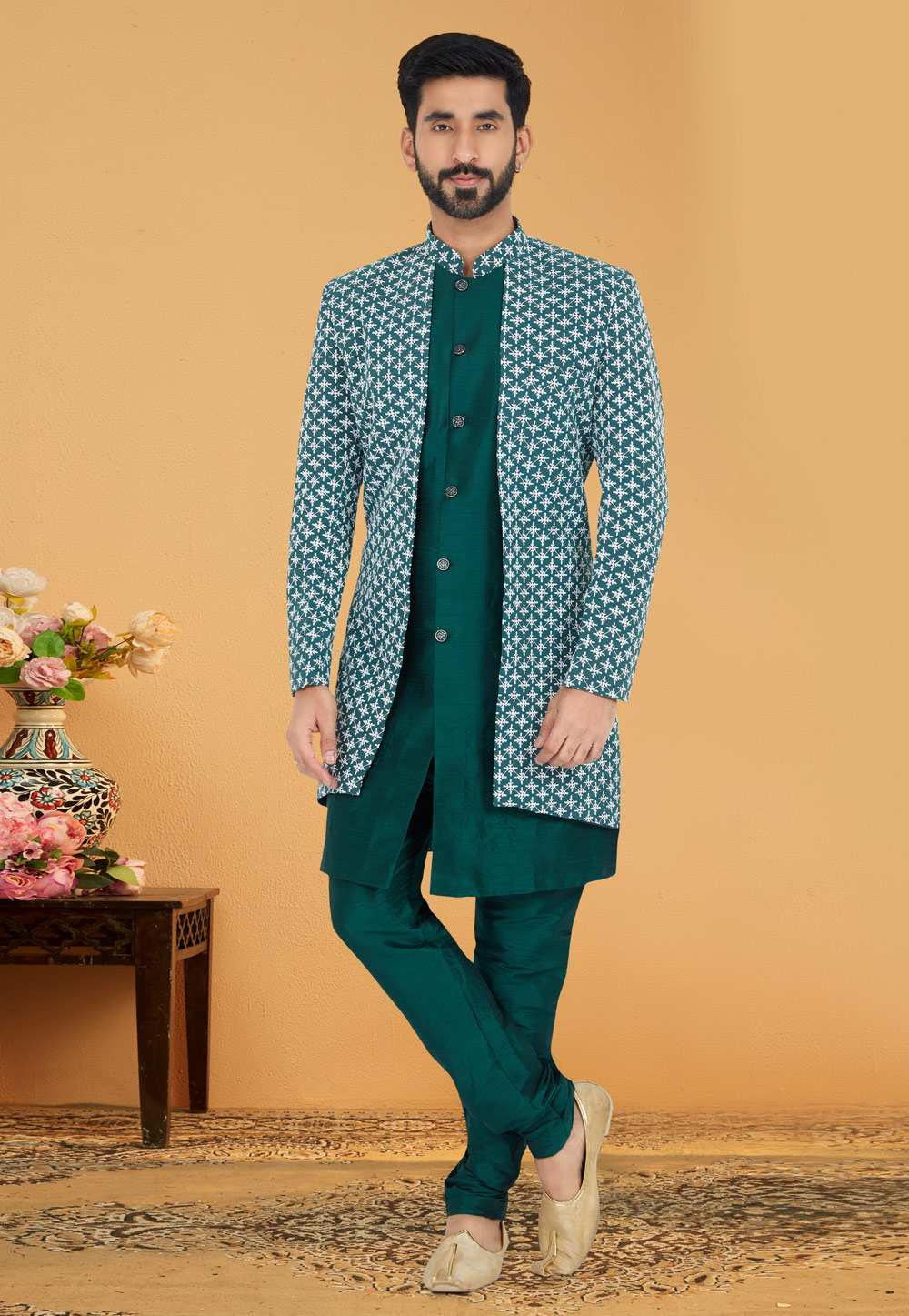 Green Georgette Jacket Style Sherwani 263242