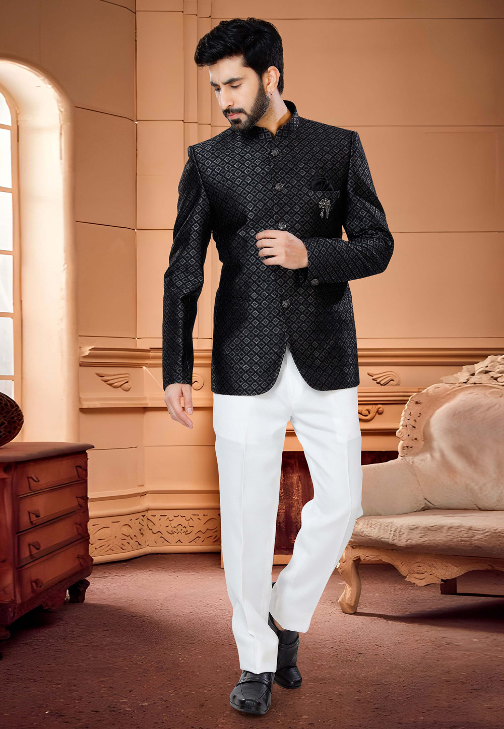 Black Jacquard Jodhpuri Suit 254874