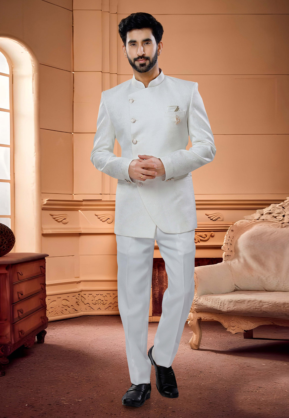 Off White Jacquard Jodhpuri Suit 254875