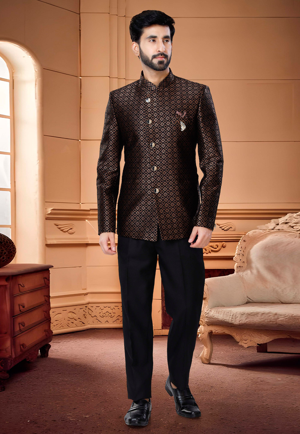 Black Jacquard Jodhpuri Suit 254877