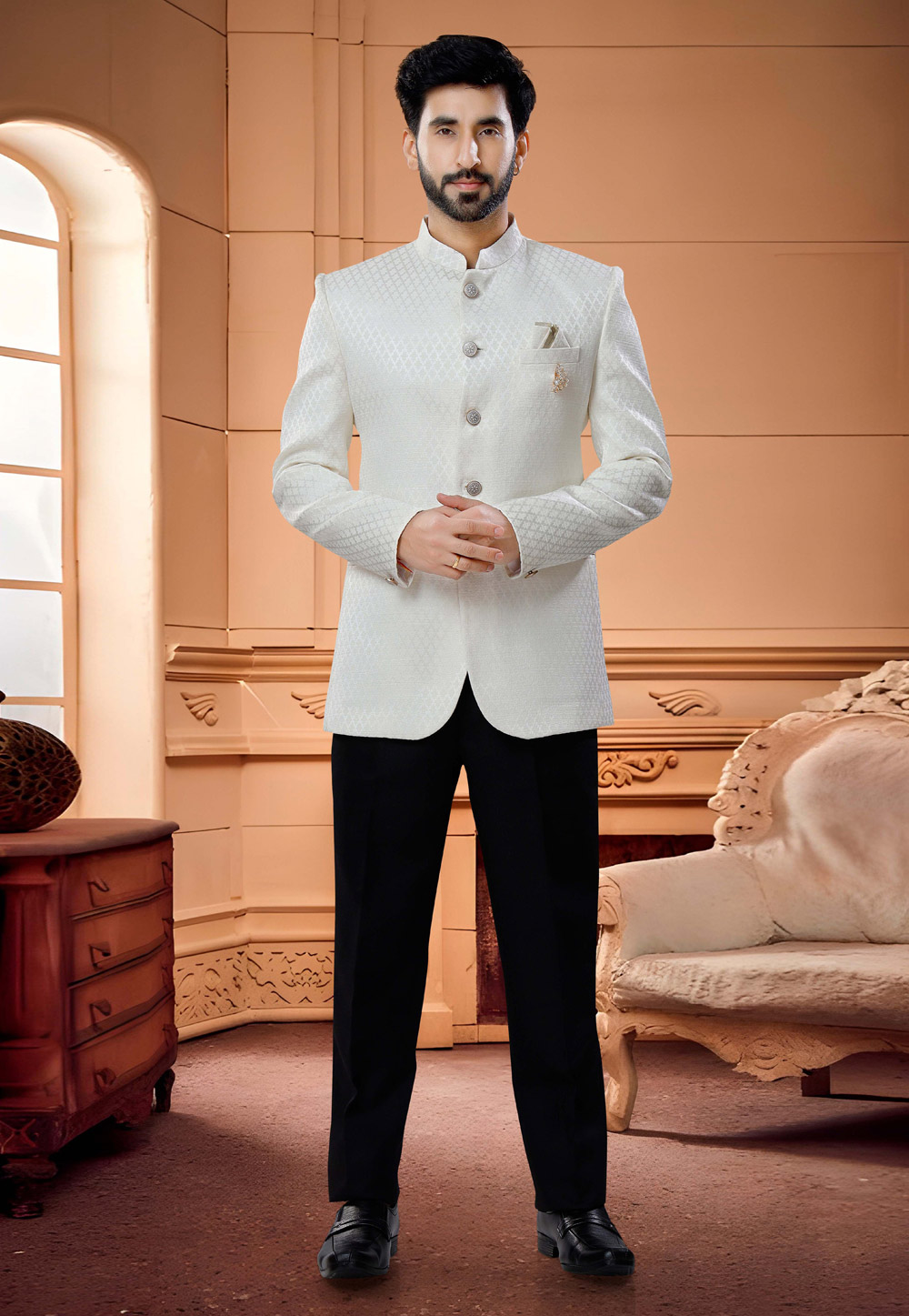 Cream Jacquard Jodhpuri Suit 254880