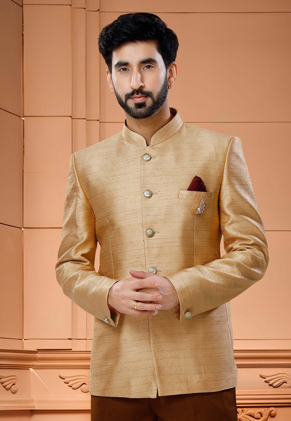 Bandhgala Two Piece Golden Printed Formal Suit - Paisey