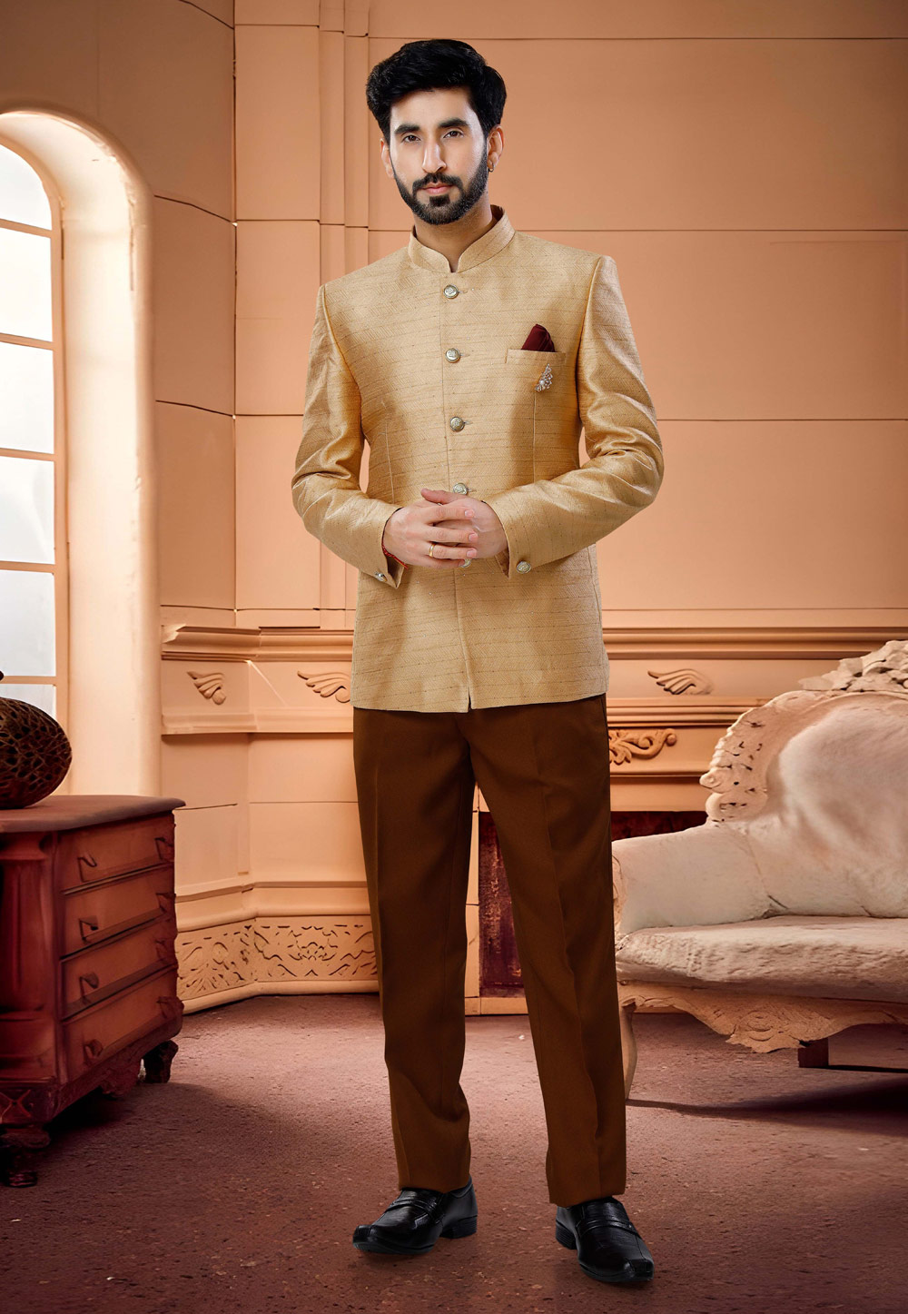 Golden Jacquard Jodhpuri Suit 254882
