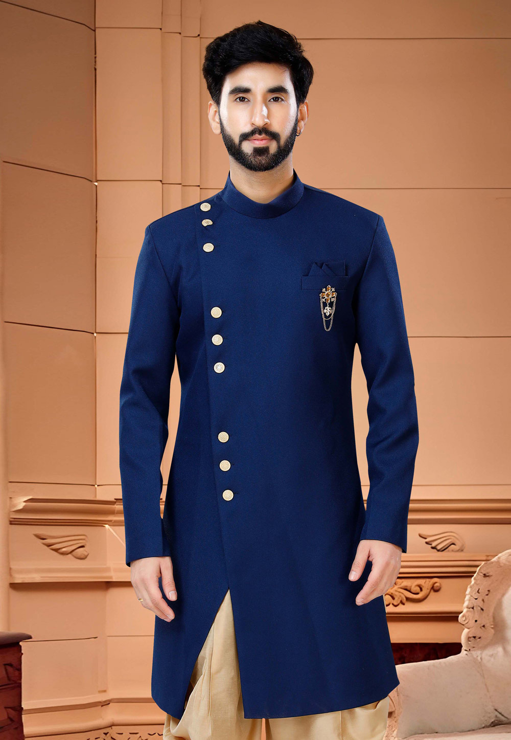 Plain terry rayon dhoti sherwani cheap in navy blue