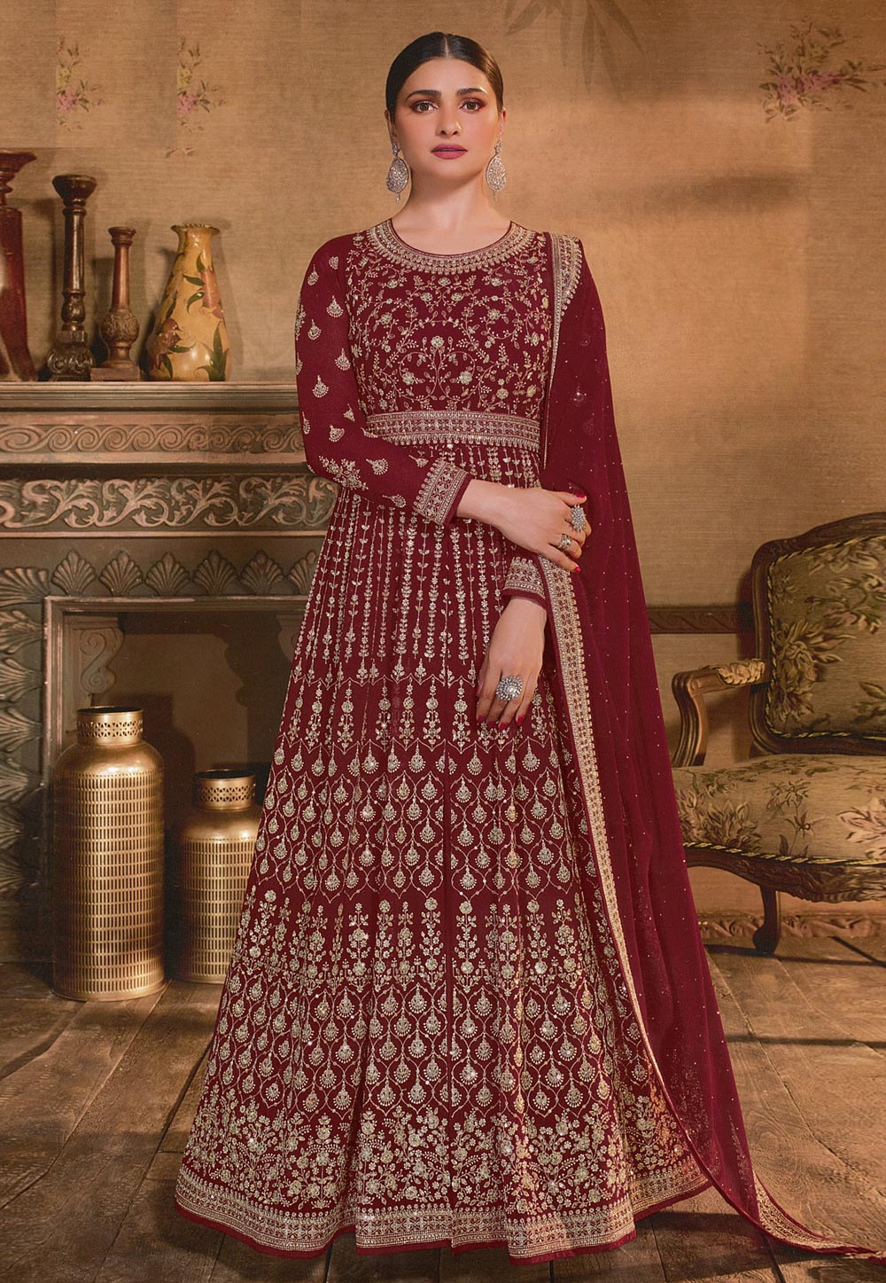 Prachi Desai Maroon Georgette Abaya Style Anarkali Suit 254791