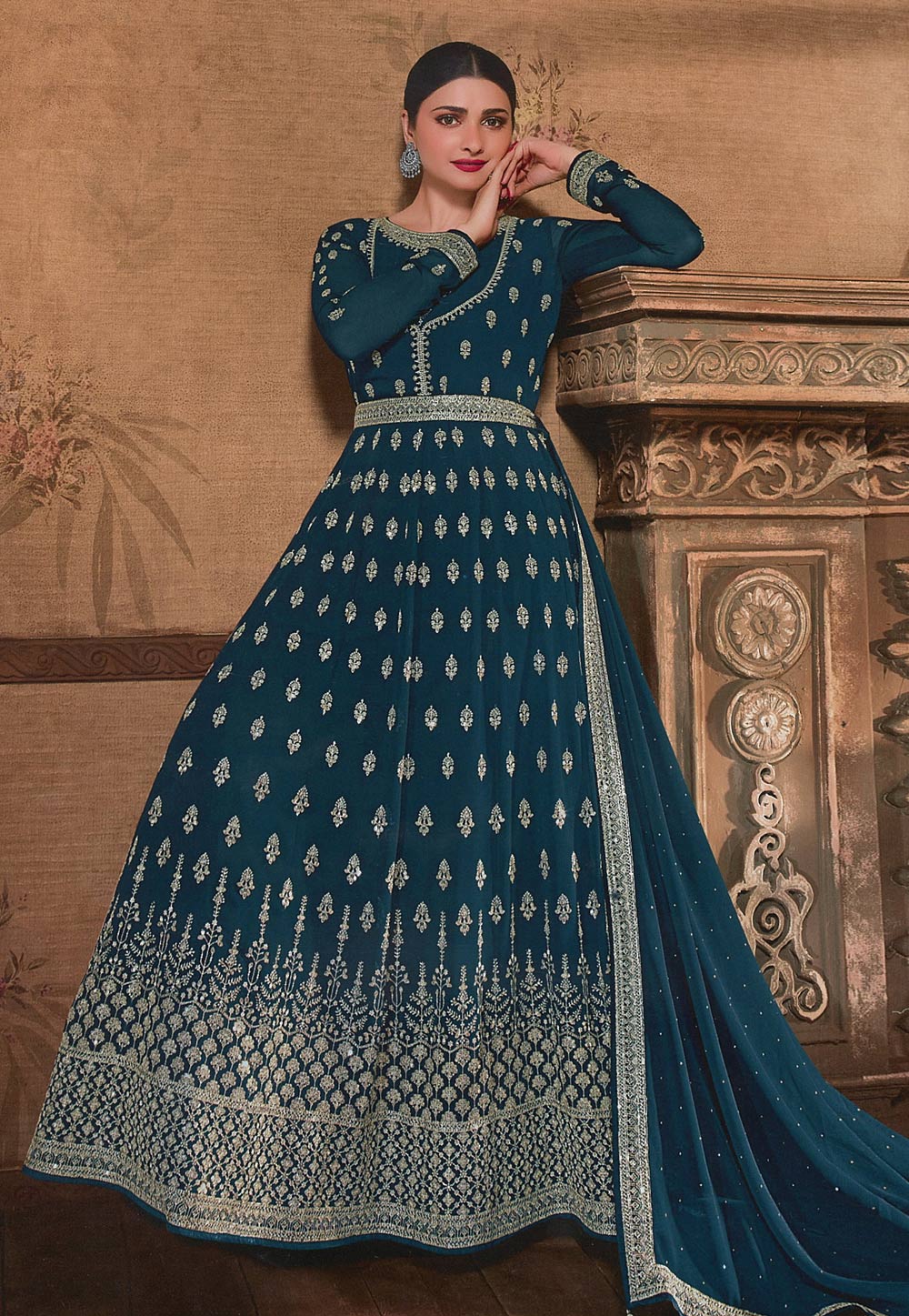 Prachi Desai Teal Georgette Long Anarkali Suit 254792