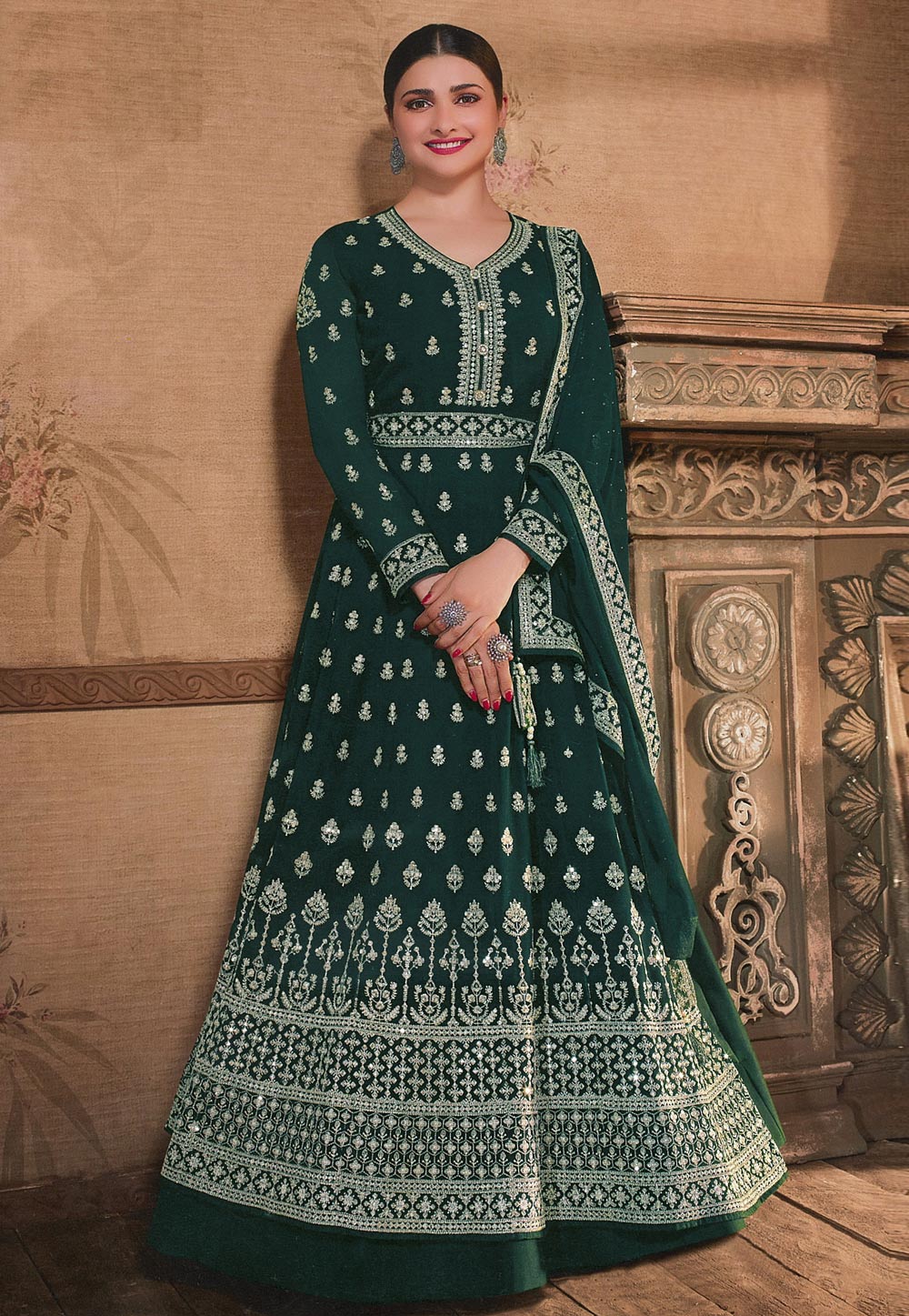 Prachi Desai Green Georgette Abaya Style Anarkali Suit 254793