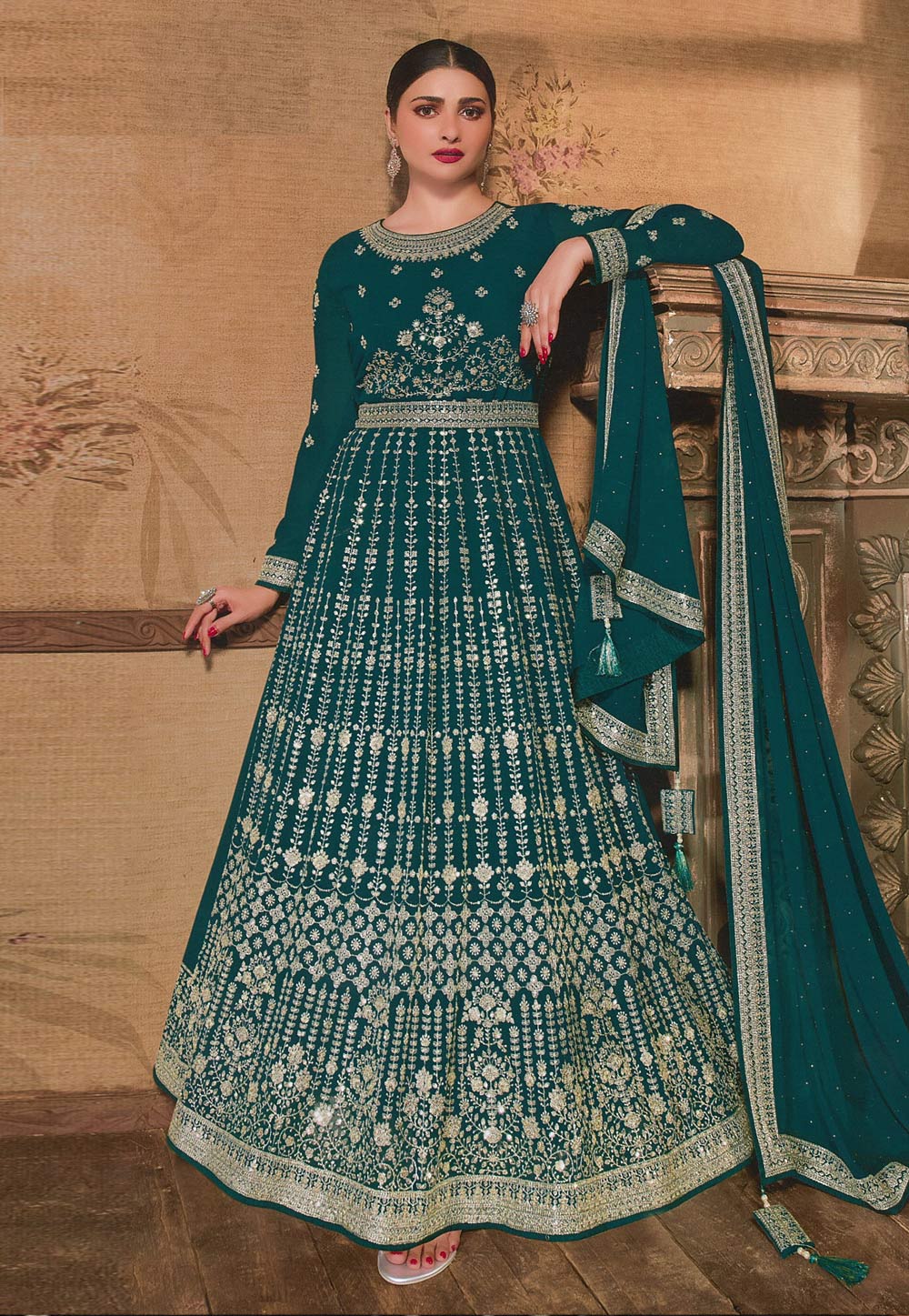 Prachi Desai Teal Georgette Abaya Style Anarkali Suit 254795