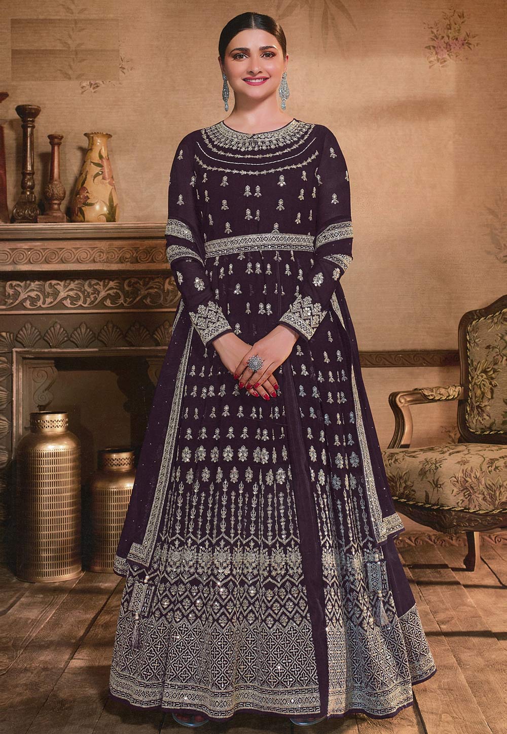 Prachi Desai Wine Georgette Abaya Style Anarkali Suit 254797