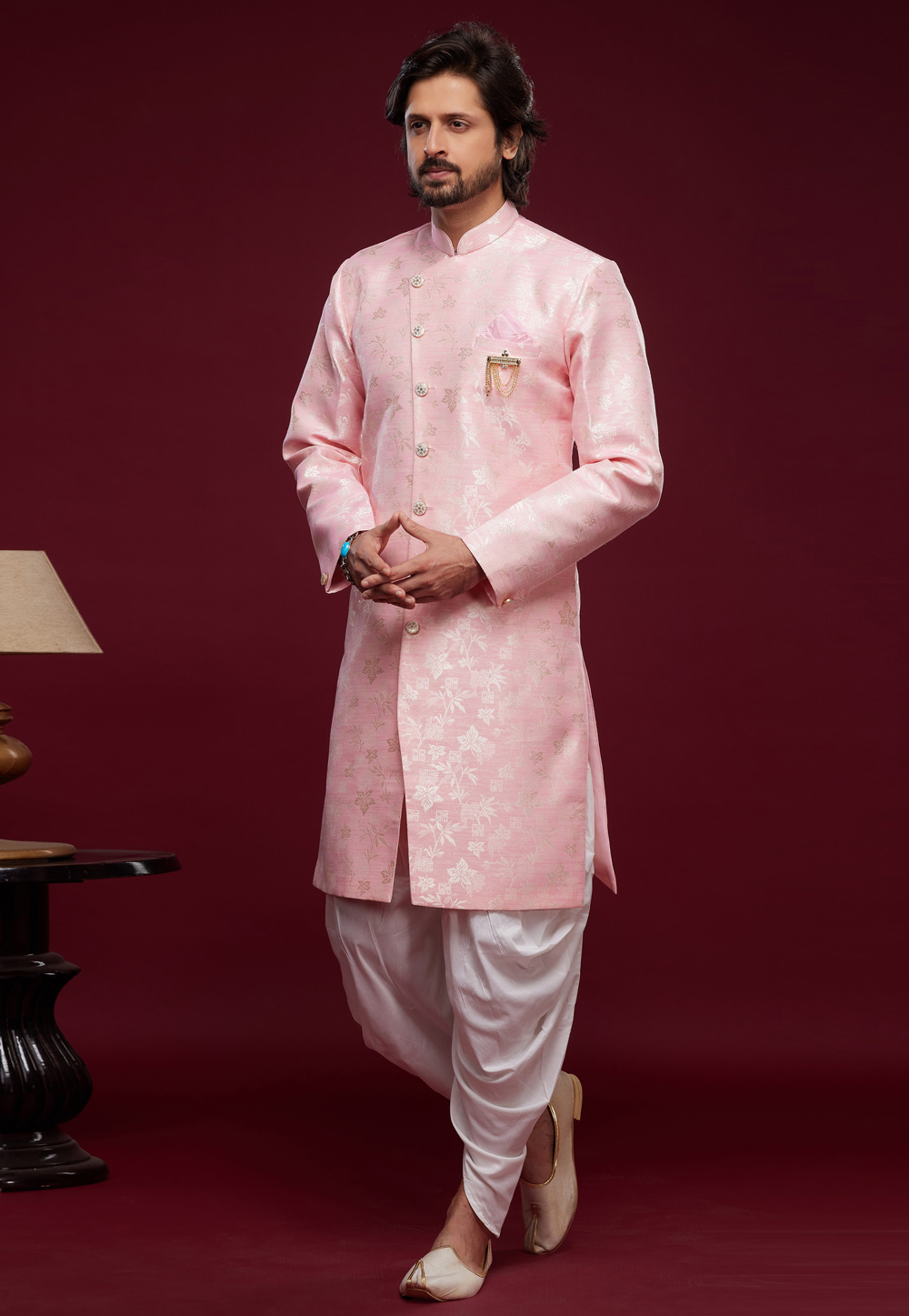Pink Banarasi Jacquard Dhoti Sherwani 273434
