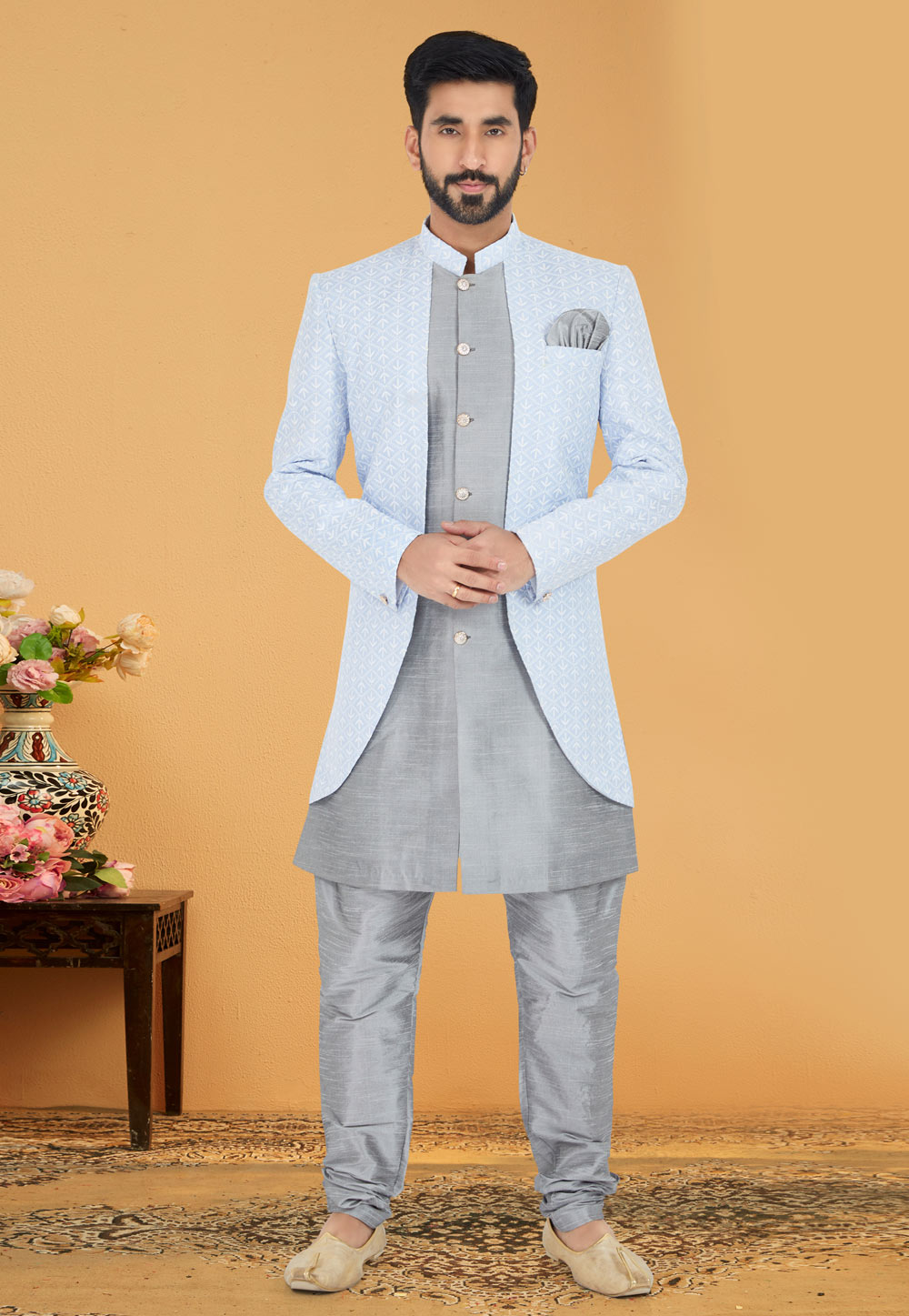 Grey Cotton Silk Jacket Style Sherwani 263243