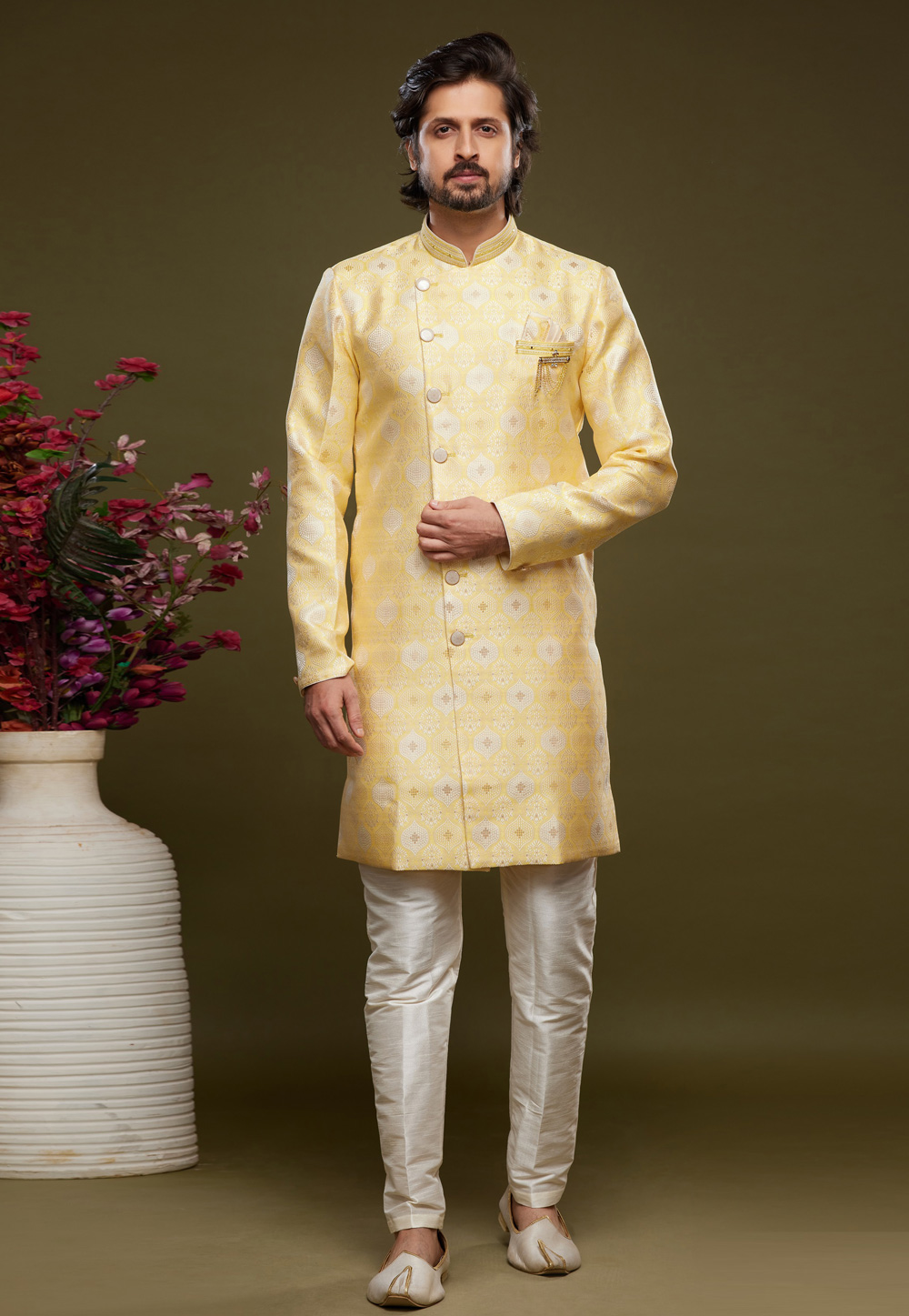 Yellow Banarasi Jacquard Indo Western Suit 273445