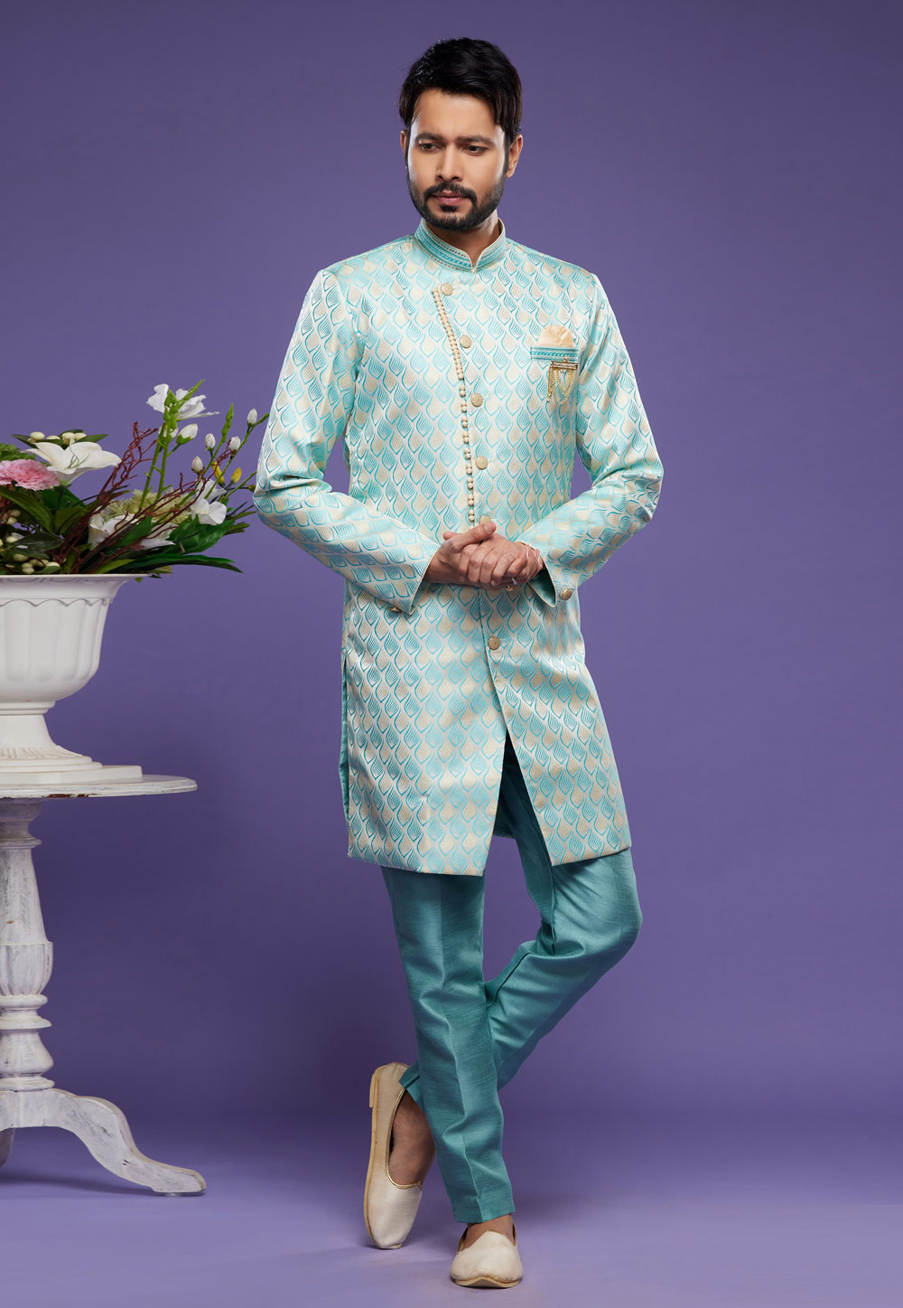 Sea Green Banarasi Jacquard Indo Western Suit 273450