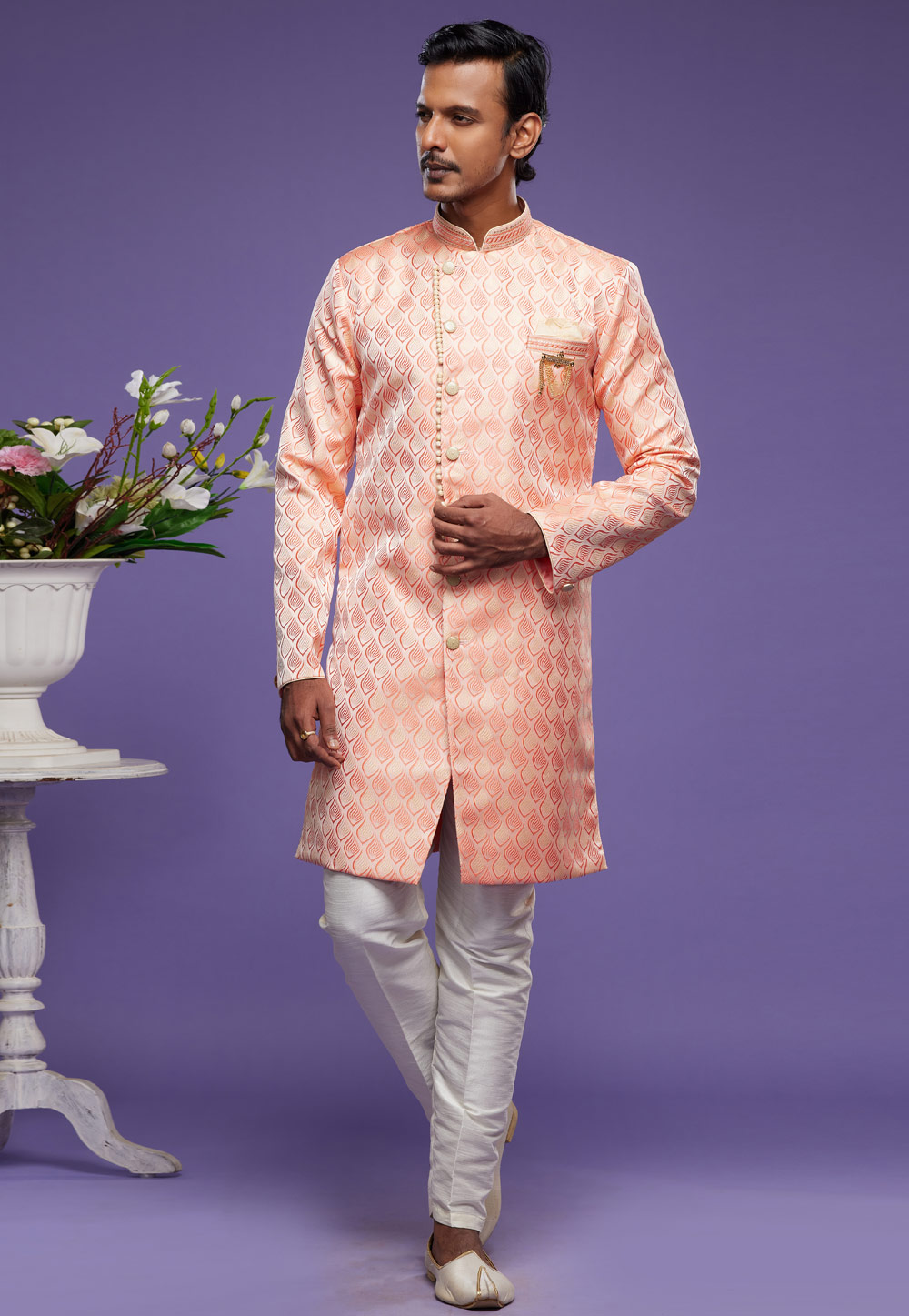 Peach Banarasi Jacquard Indo Western Suit 273451