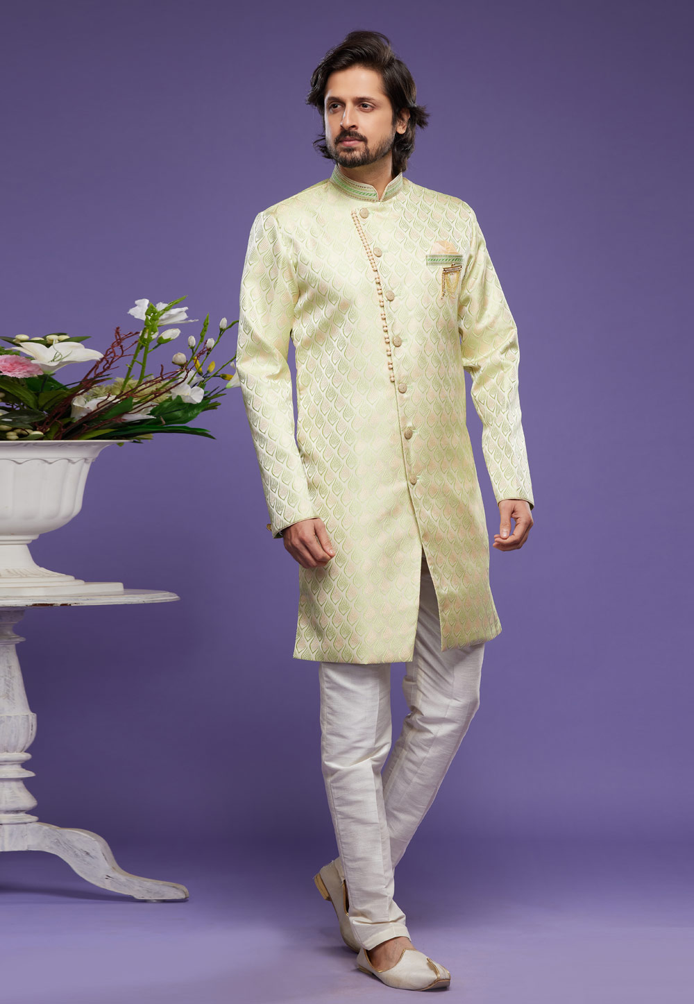 Light Yellow Banarasi Jacquard Indo Western Suit 273452