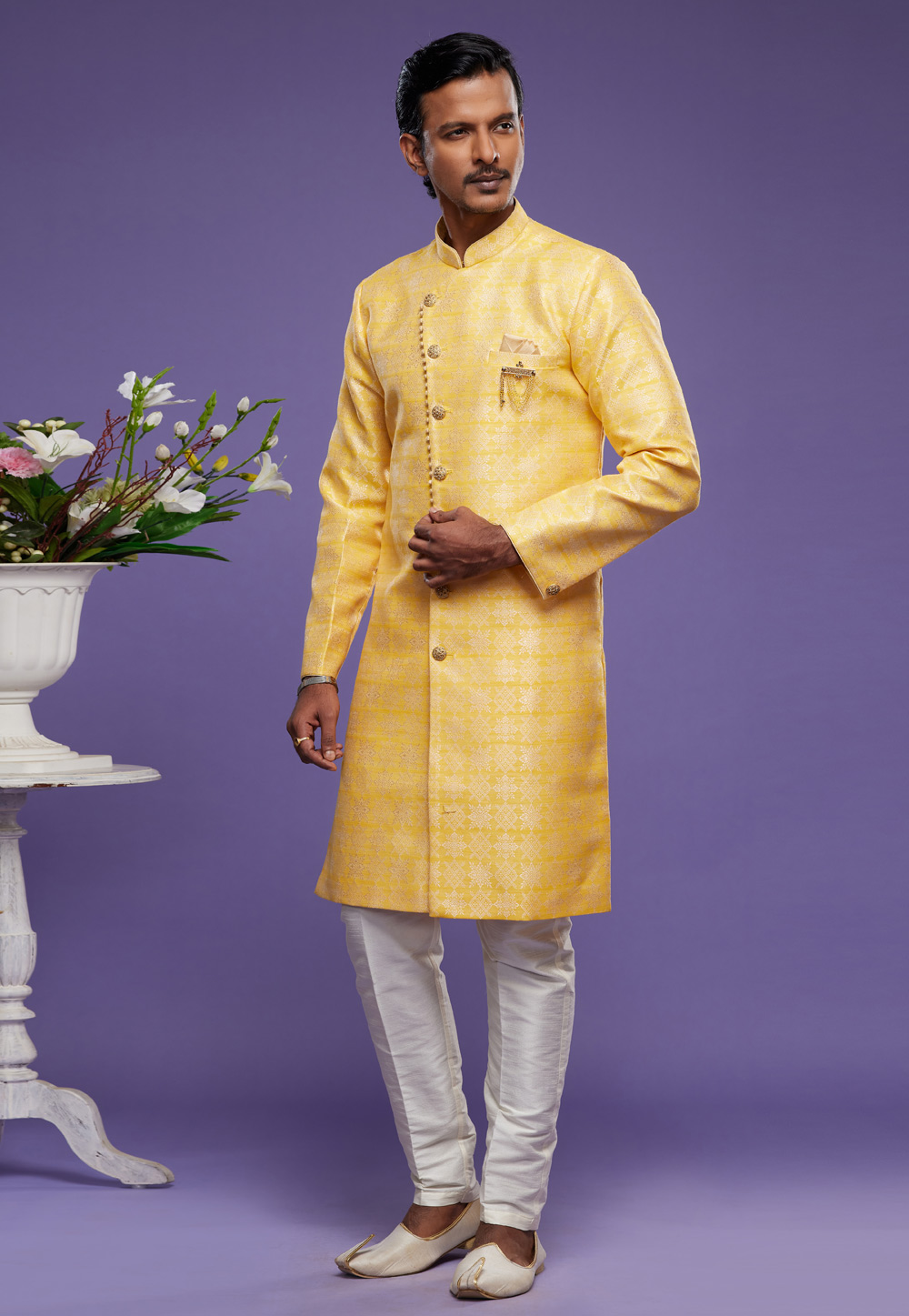 Yellow Banarasi Jacquard Indo Western Suit 273453