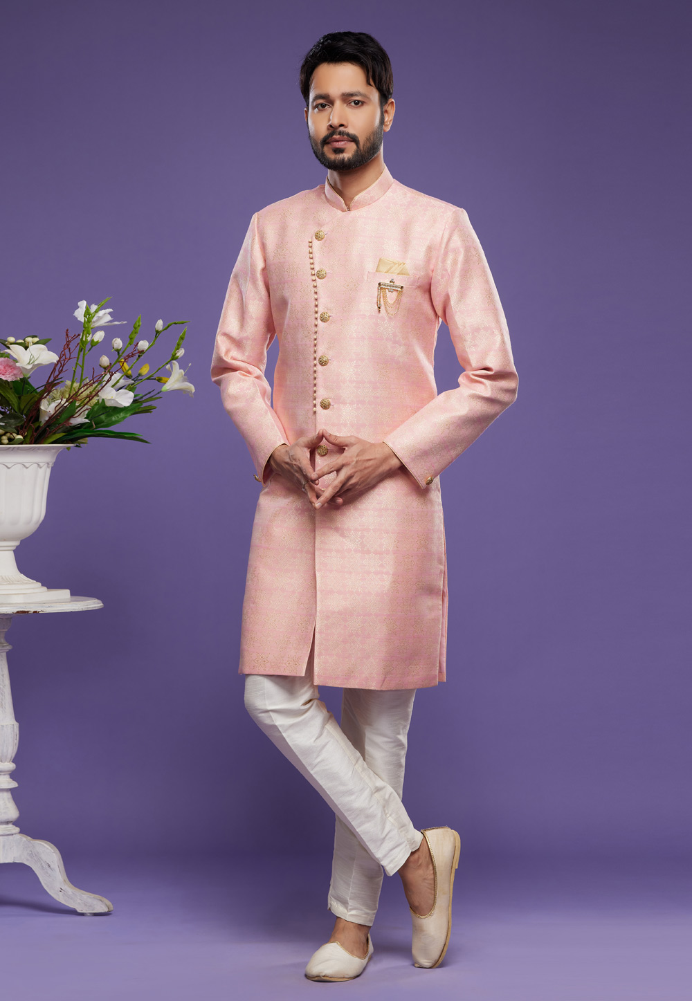 Light Pink Banarasi Jacquard Indo Western Suit 273454