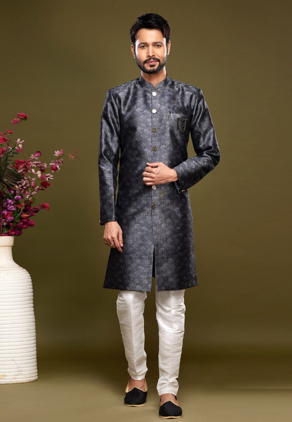 Grey Banarasi Jacquard Indo Western Suit 273458