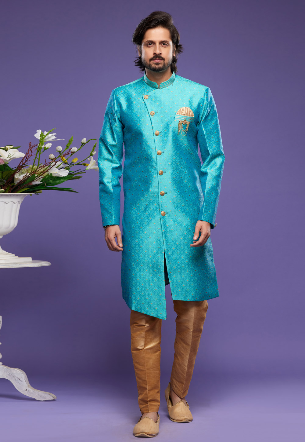 Turquoise Banarasi Jacquard Indo Western Suit 273459