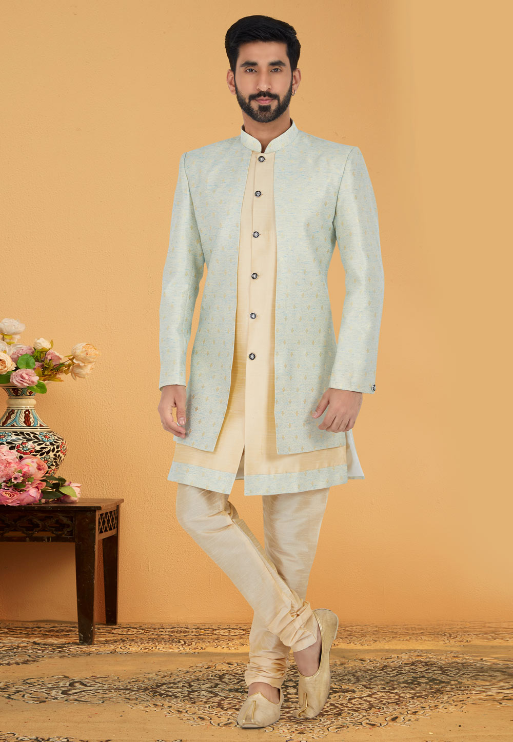 Beige Cotton Jacquard Jacket Style Sherwani 263244