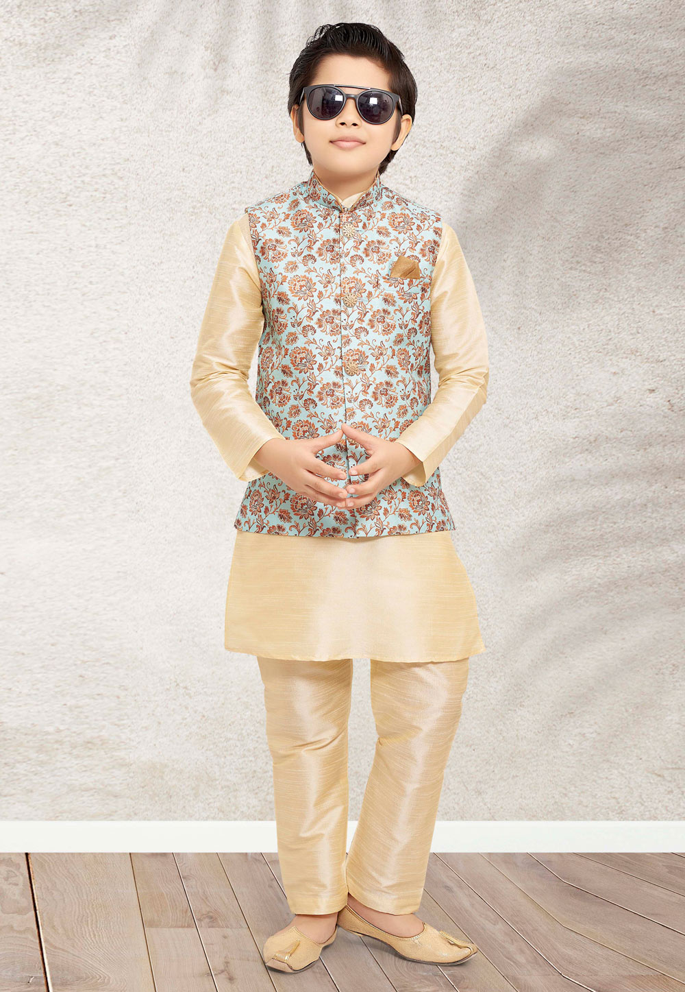 Cream Banarasi Silk Kids Kurta Pajama With Jacket 255248