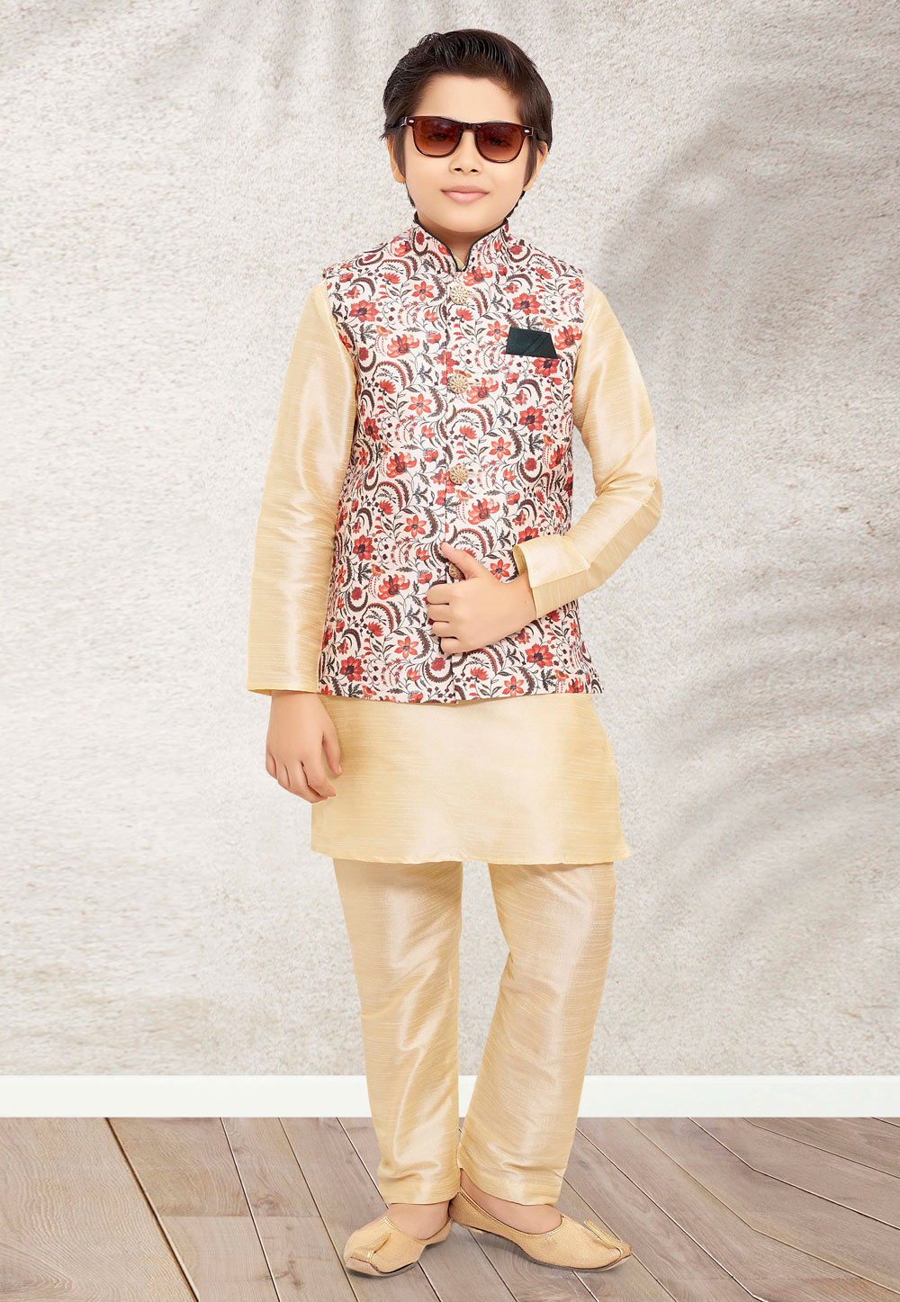 Cream Banarasi Silk Kids Kurta Pajama With Jacket 255249