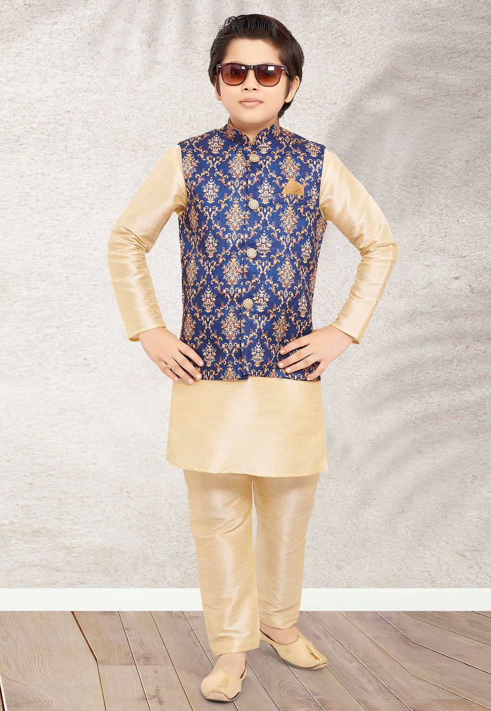 Cream Banarasi Silk Kids Kurta Pajama With Jacket 255250