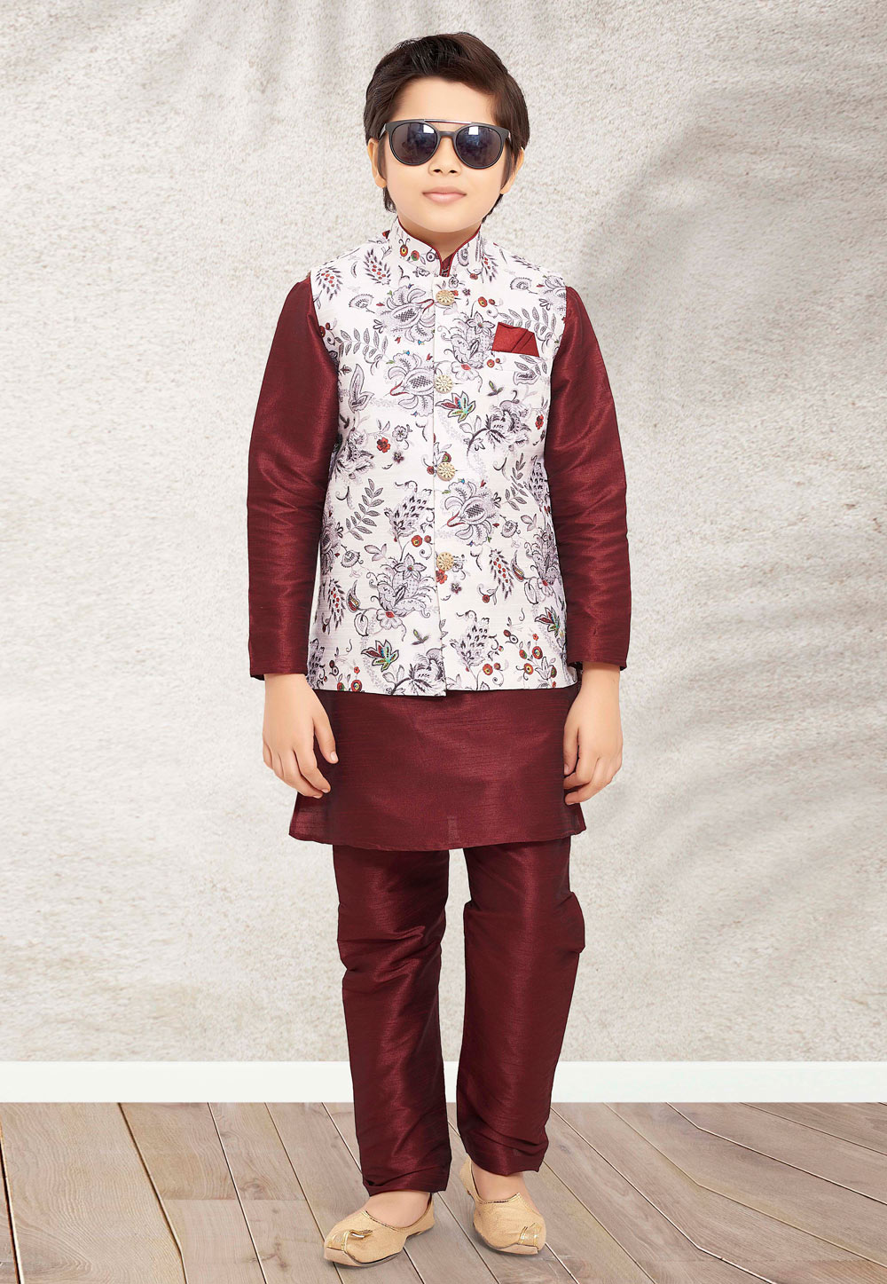 Maroon Banarasi Silk Kids Kurta Pajama With Jacket 255252