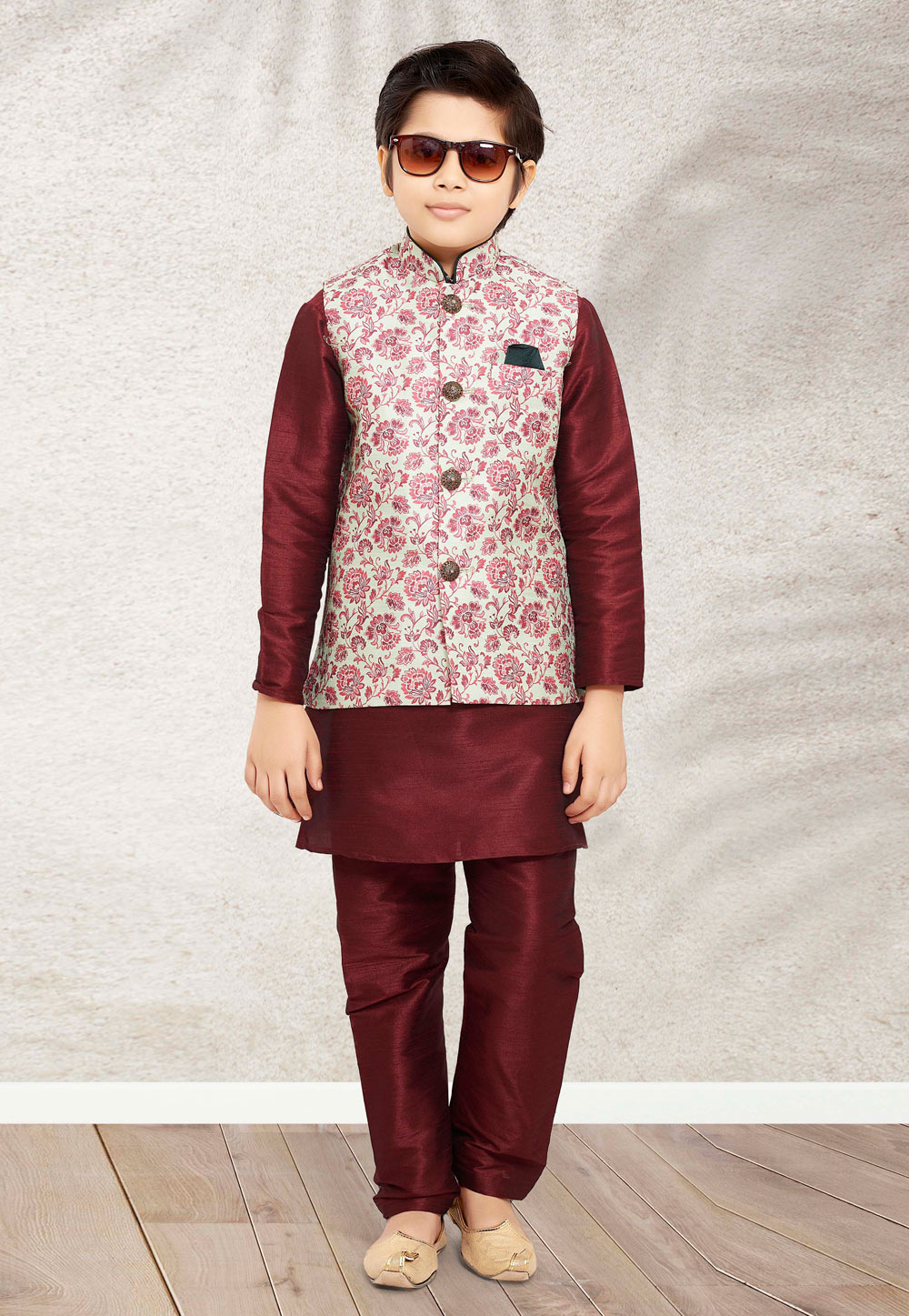 Maroon Banarasi Silk Kids Kurta Pajama With Jacket 255253