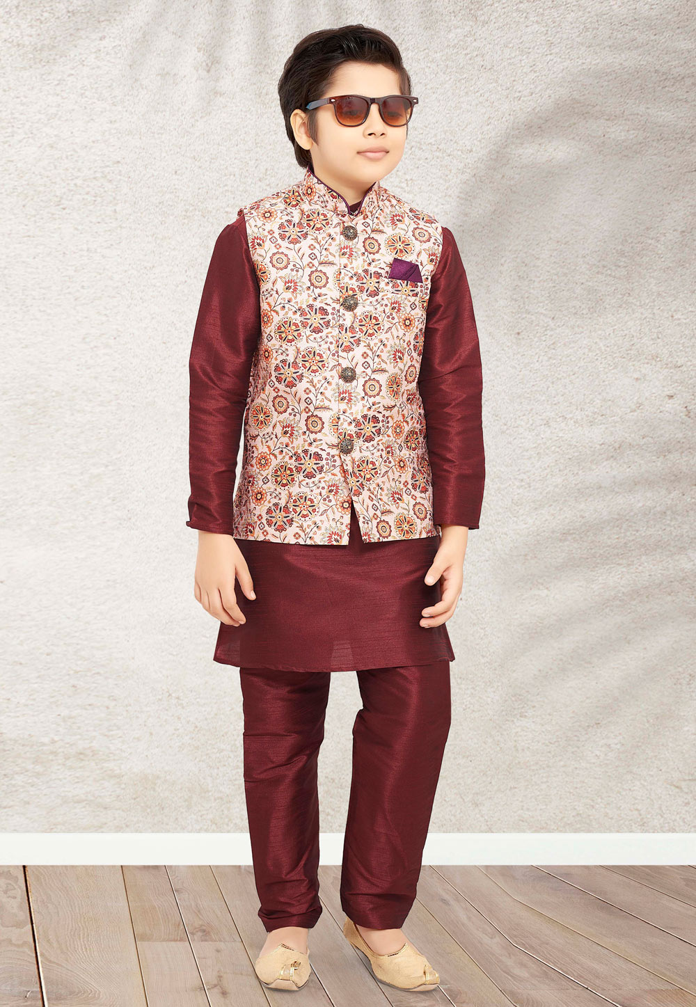Maroon Banarasi Silk Kids Kurta Pajama With Jacket 255254