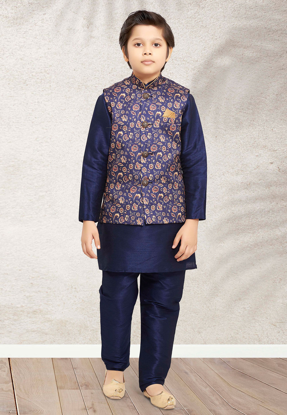 Navy Blue Banarasi Silk Kids Kurta Pajama With Jacket 255255