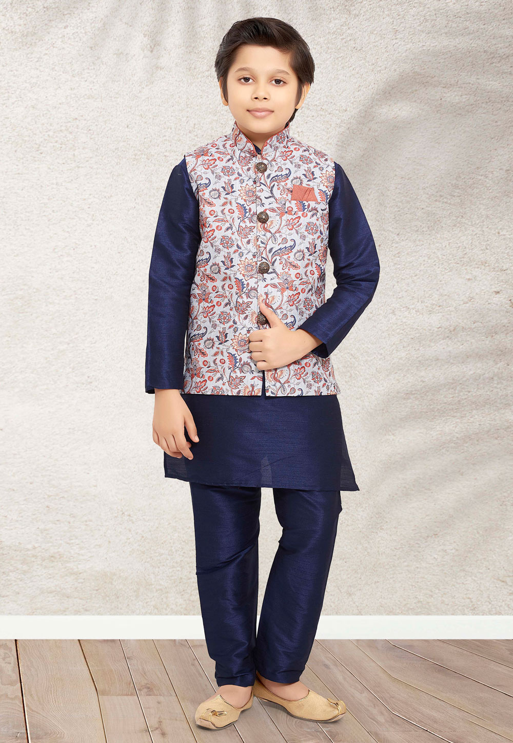 Navy Blue Banarasi Silk Kids Kurta Pajama With Jacket 255256