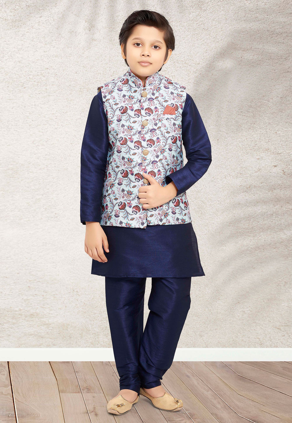 Navy Blue Banarasi Silk Kids Kurta Pajama With Jacket 255257