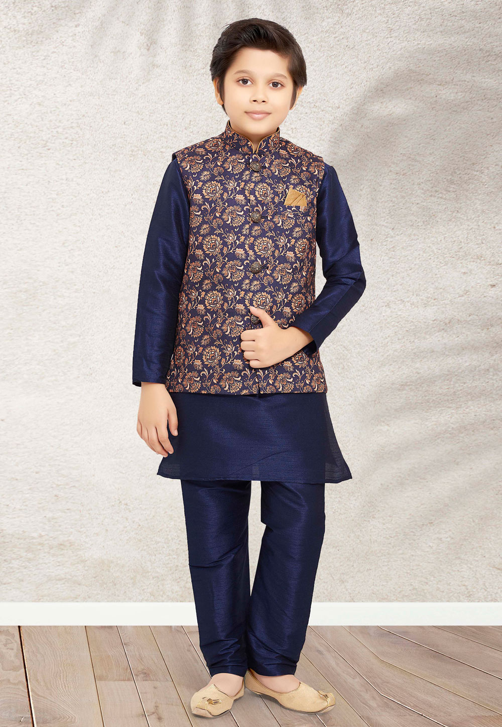 Navy Blue Banarasi Silk Kids Kurta Pajama With Jacket 255258