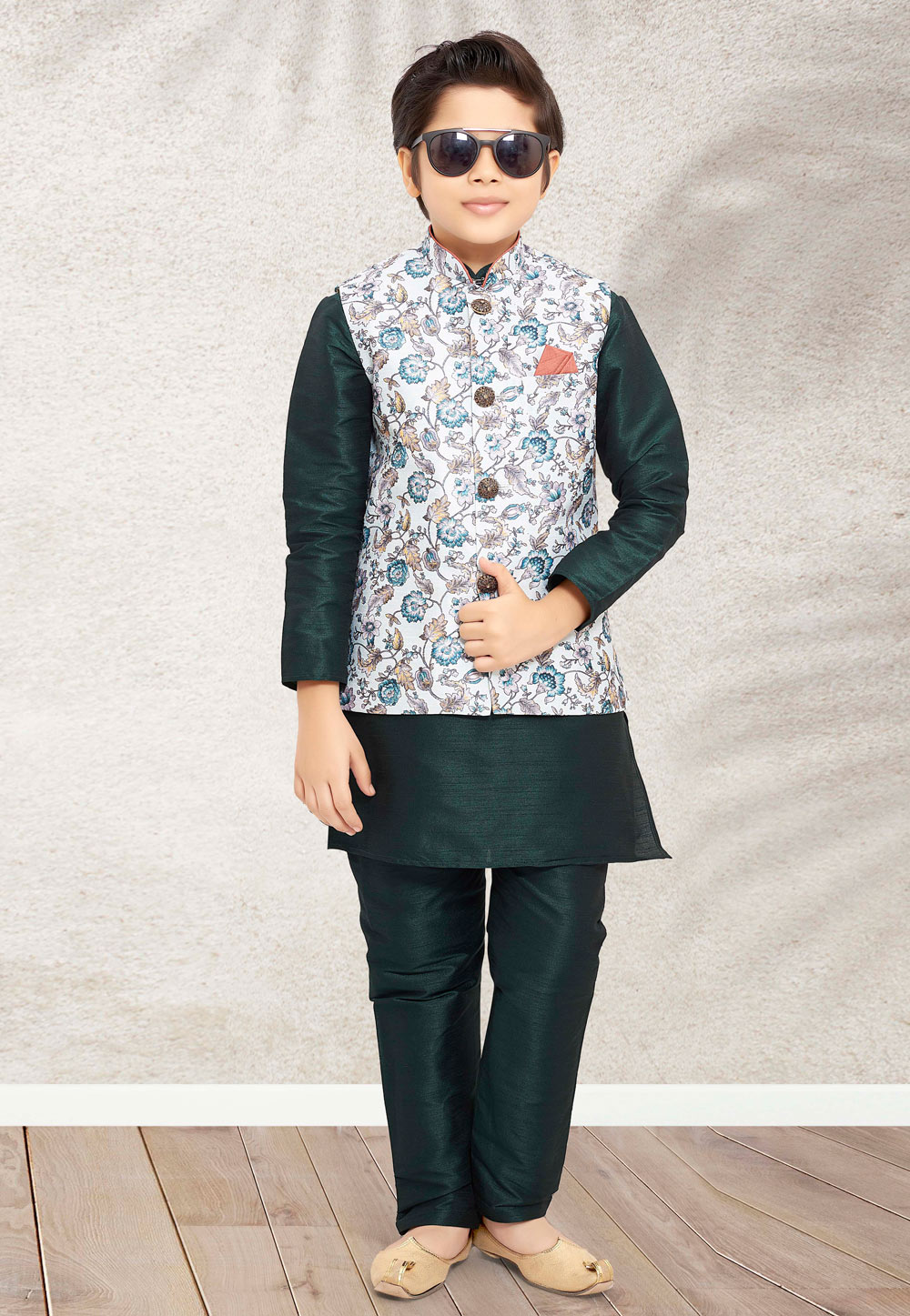 Green Banarasi Silk Kids Kurta Pajama With Jacket 255259