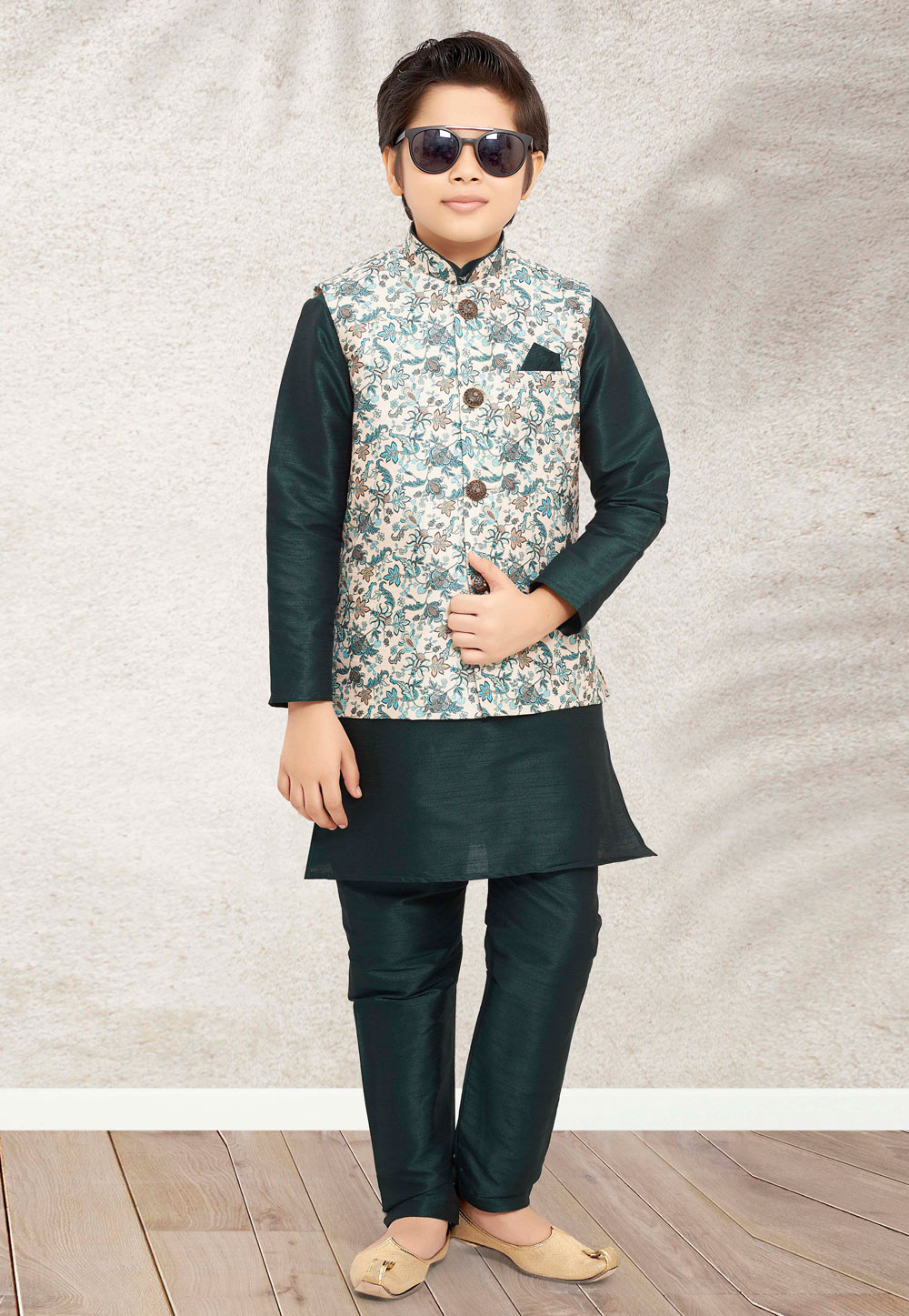 Green Banarasi Silk Kids Kurta Pajama With Jacket 255260