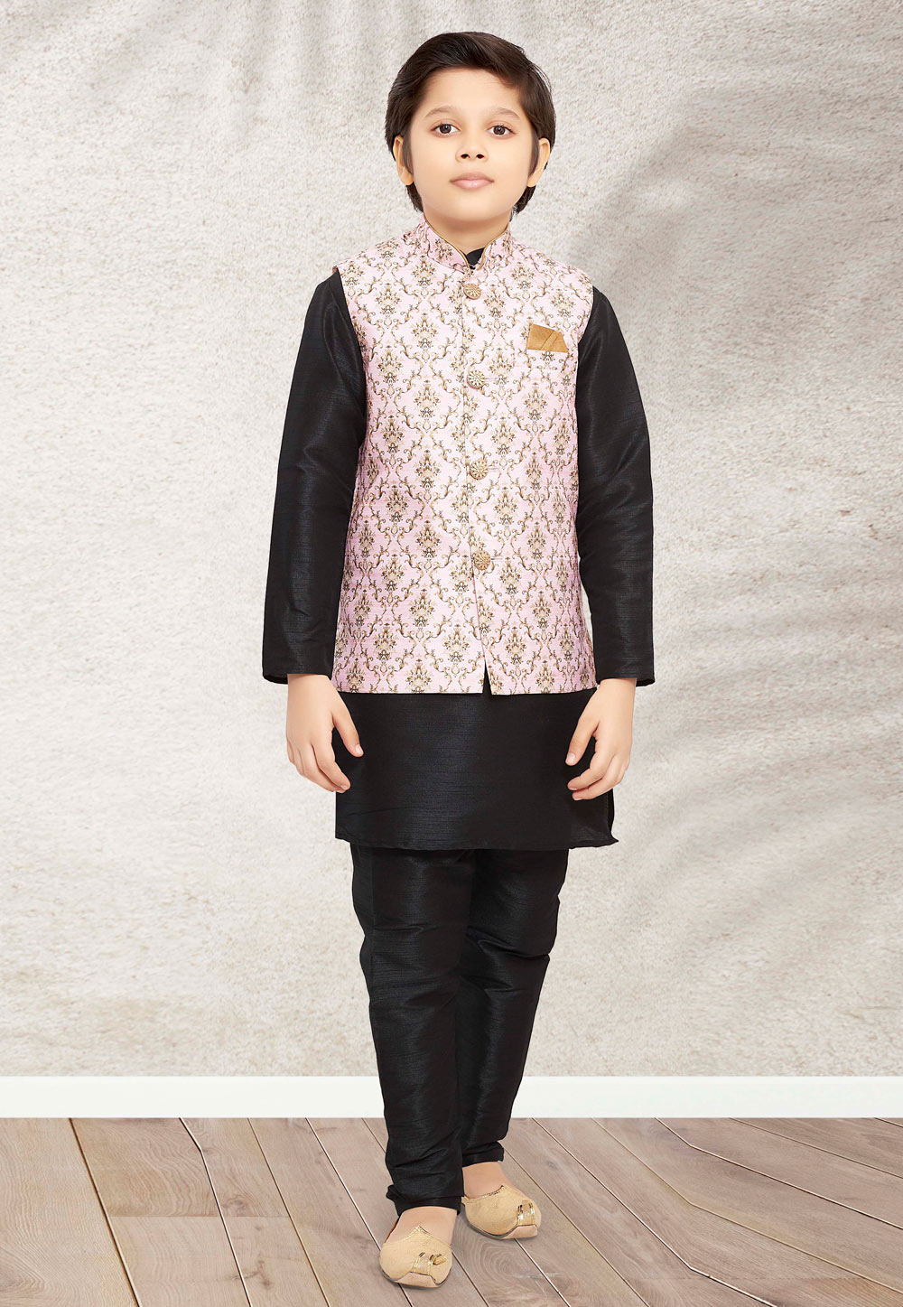 Black Banarasi Silk Kids Kurta Pajama With Jacket 255261
