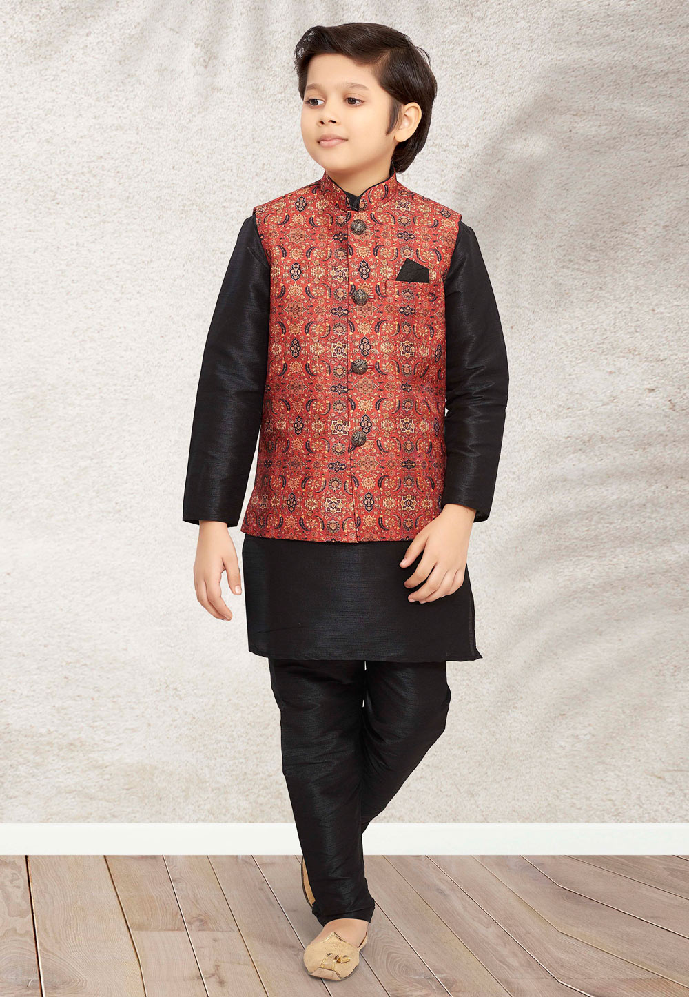 Black Banarasi Silk Kids Kurta Pajama With Jacket 255262