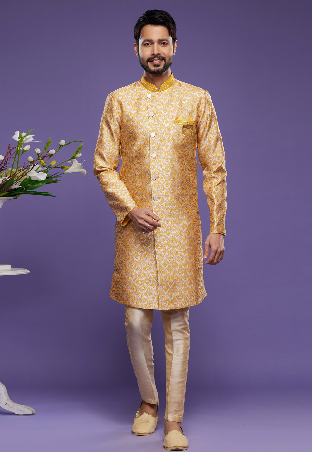 Yellow Banarasi Jacquard Indo Western Suit 273614
