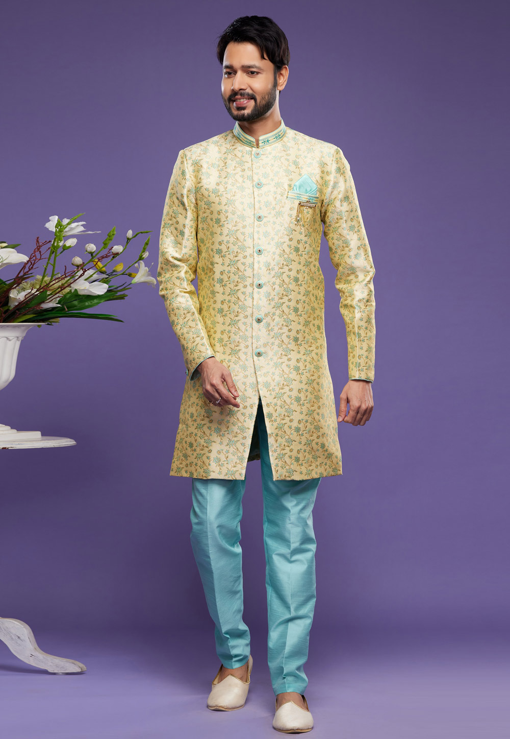 Yellow Banarasi Jacquard Indo Western Suit 273616